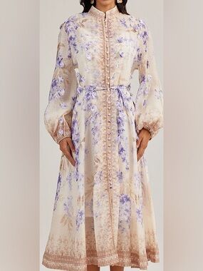 Floral Button-Front Midi Dress in Cream and Lavender Medium